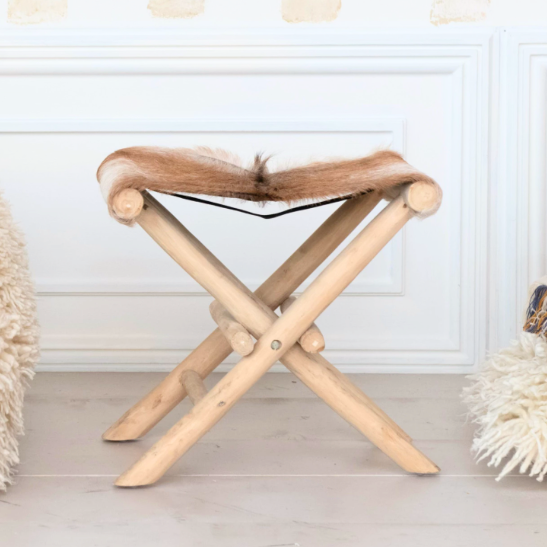Teakwood & Goat Fur Folding Stool